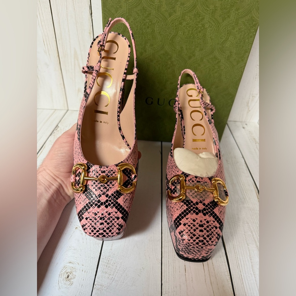 Gucci Calfskin Python Horsebit Platform Slingback… - image 7